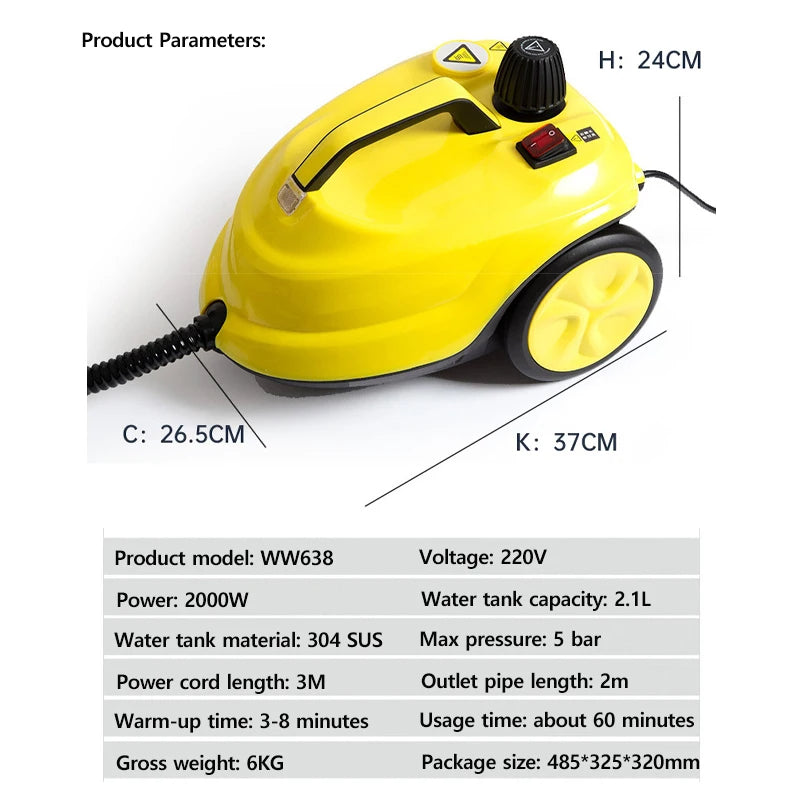 Handheld Steam Cleaner Automotive Sterilization Disinfection High Temperature 2000W Powerful Wiper Washer for Floor Kitchen Cars